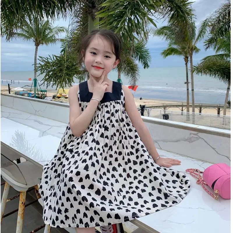 Fashion Printing Sleeveless Kids' Dresses Summer Cotton Korean Contrast Color Patchwork Pullover Sling Dress Girls Clothing