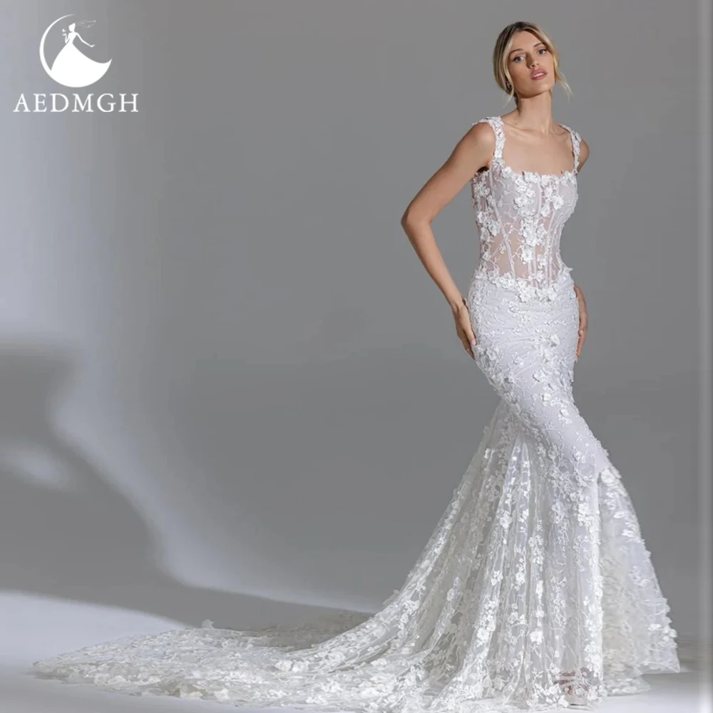 Aedmgh Mermaid Sexy Wedding Dresses Boat Neck Sleeveless Tulle Vestido De Novia Lace Appliques Glamorous Custom Made Bridal Gown