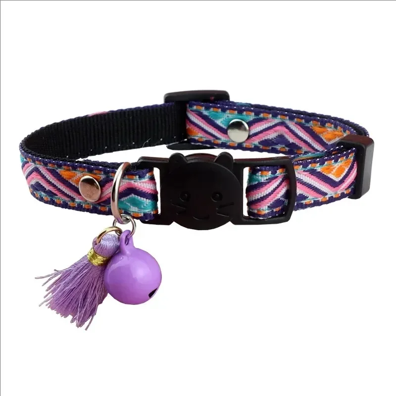 Adjustable cat collar with tassels and bells embellished pet collar colorful plaid jacquard pattern for cat and dog collars