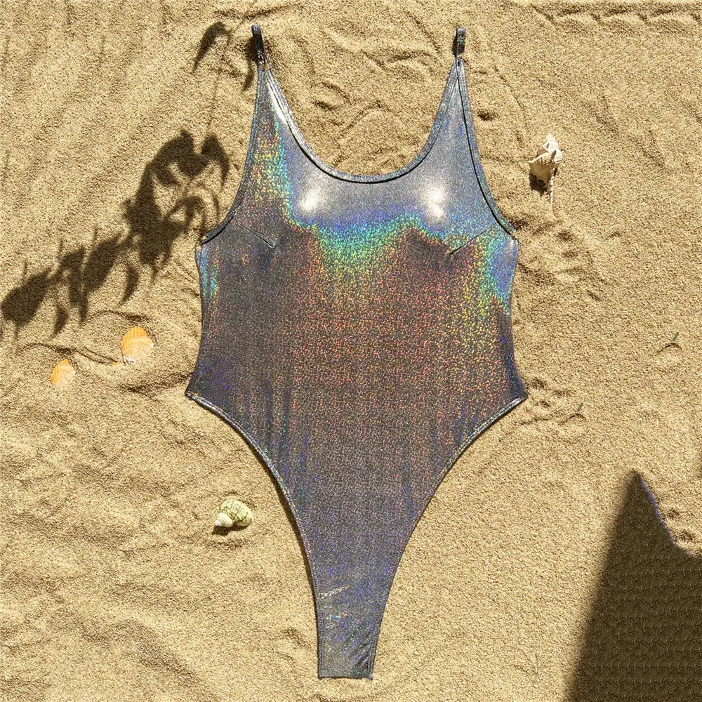 Silver Shiny Backless Swimwear Sexy One Piece Swimsuit Women 2025 High Leg Cut Bathing Suit Beach Swimming Wear One-Piece Suits image 3