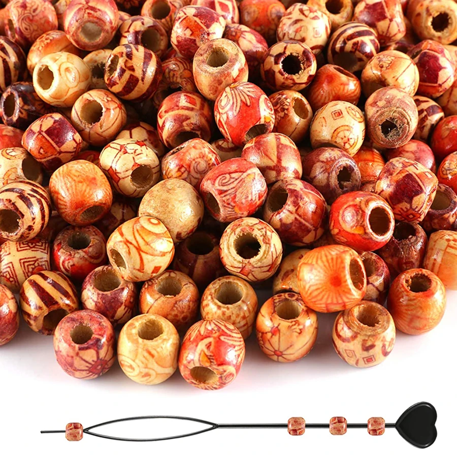 50pcs Printed Wooden Beads Assorted African Beads Loose Big Hole Beads for Jewelry Making Bracelets Necklace DIY Craft Project