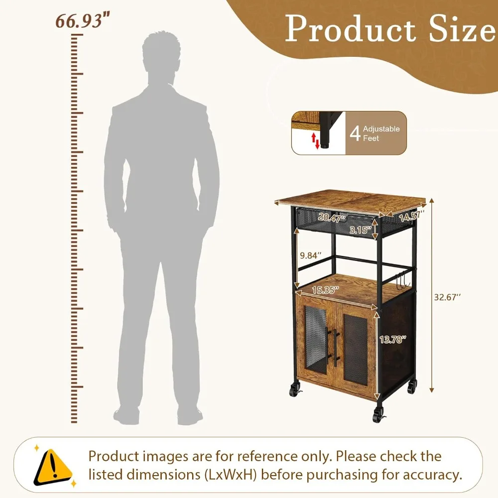 3-Tier Slim Rolling Coffee Cart with 2-Door Cabinet & Pull-Out Wire Basket, Lockable Casters, 32.7" H Microwave Cart for Home Kitchen Dining Room view 3