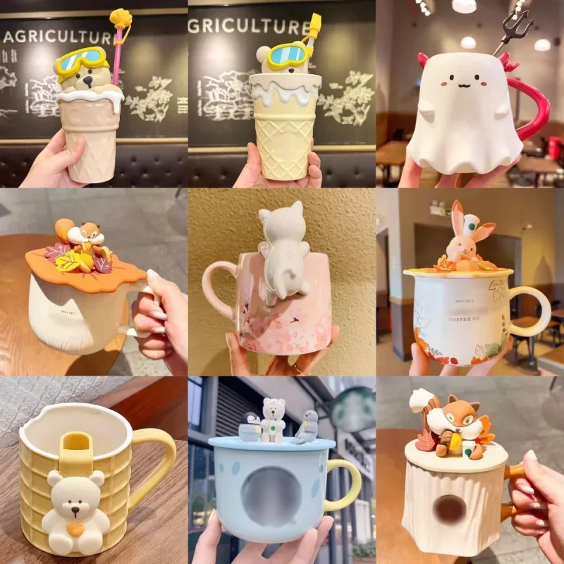 New Arrived Kawaii Ceramic Mug Irregular Ice Cream Cone Cup Creative Cover Straw Mug Coffee Milk Cup Home Office Cup Girls Gifts