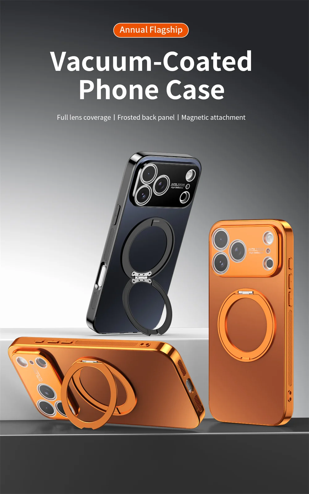 Magnetischer Ring, drehbarer, zusammenklappbarer Ständer, Handyhülle für iPhone 18 Pro Max, 17, 16, 15, 14, 13, mit Objektivschutz, einfarbige Hülle. – Detail 1
