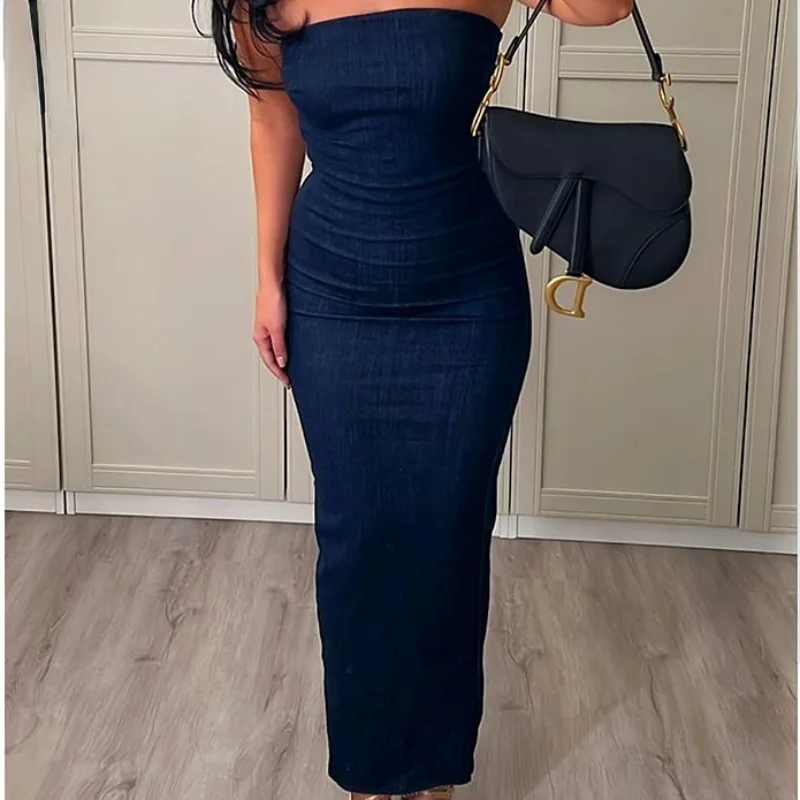 

2023 Sexy Strapless Backless Zipper Split Dress Party Blue Denim Female Long Dress for Women Clothes Summer Evening Dresses