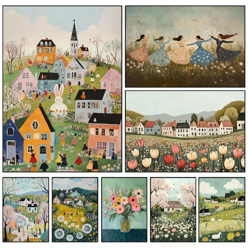 Vintage Frühlingsdorf Osterhase Bauernhaus Ländliche Landschaft Poster Leinwanddruck Wandkunst Bilder Heimdekoration Geschenk