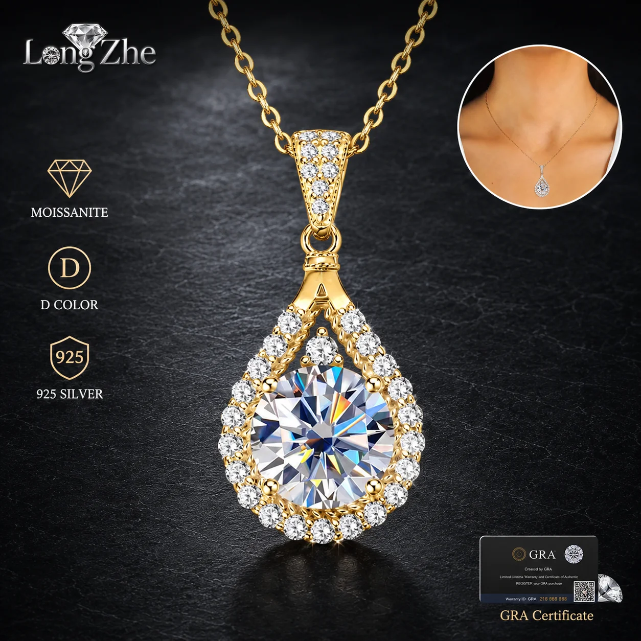 Moissanite Pear Cut Pendant Necklace for Women S925 Sterling Silver Zircon Halo 1CT 2CT 3CT Gold Silver Tone Party Jewelry Gift