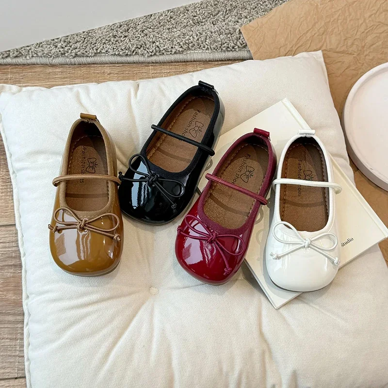 

Балетки из лакированной кожи с круглым носком для маленьких девочек, классические балетки с бантом и эластичной лентой, мягкие платья для малышей, Zapatos
