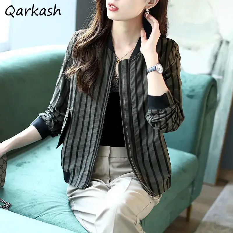 

Базовые куртки женские в корейском стиле в полоску повседневная молния мода Новое поступление горячая распродажа весна унисекс BF ретро универсальная одежда Ins