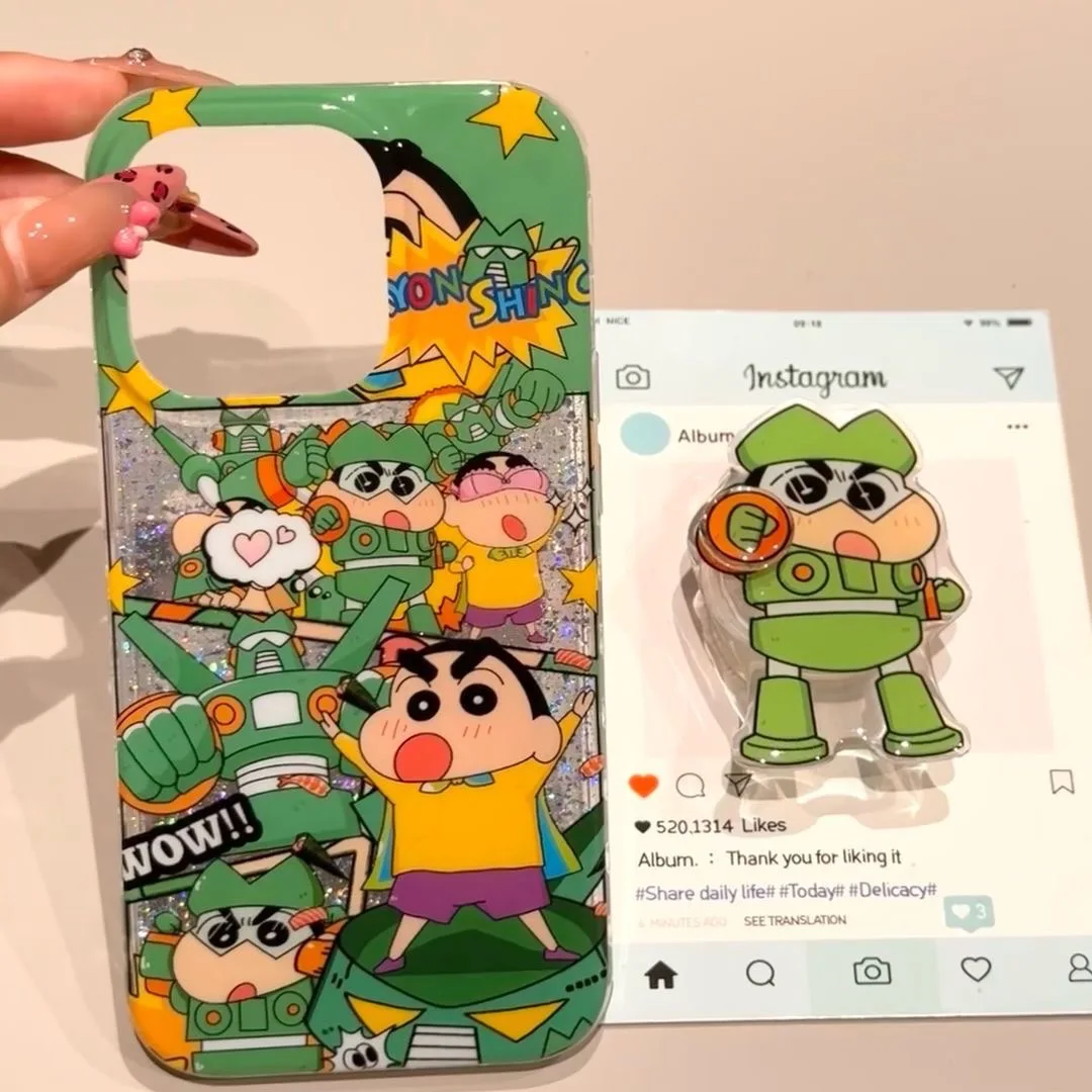 

3D Anime Cartoon Cute armour robot Crayon Shin-chan bracket Phone Case For iPhone 11 12 13 14 15 16 17 Pro Max Plus Cover﻿﻿﻿﻿