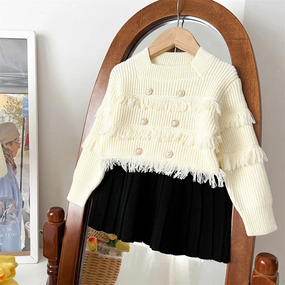 Girls Suit 2025 Spring and Autumn New Childrens Clothing Girls Baby Fashion Fringe Knitted Shirt Skirt Two Sets Casual Simple