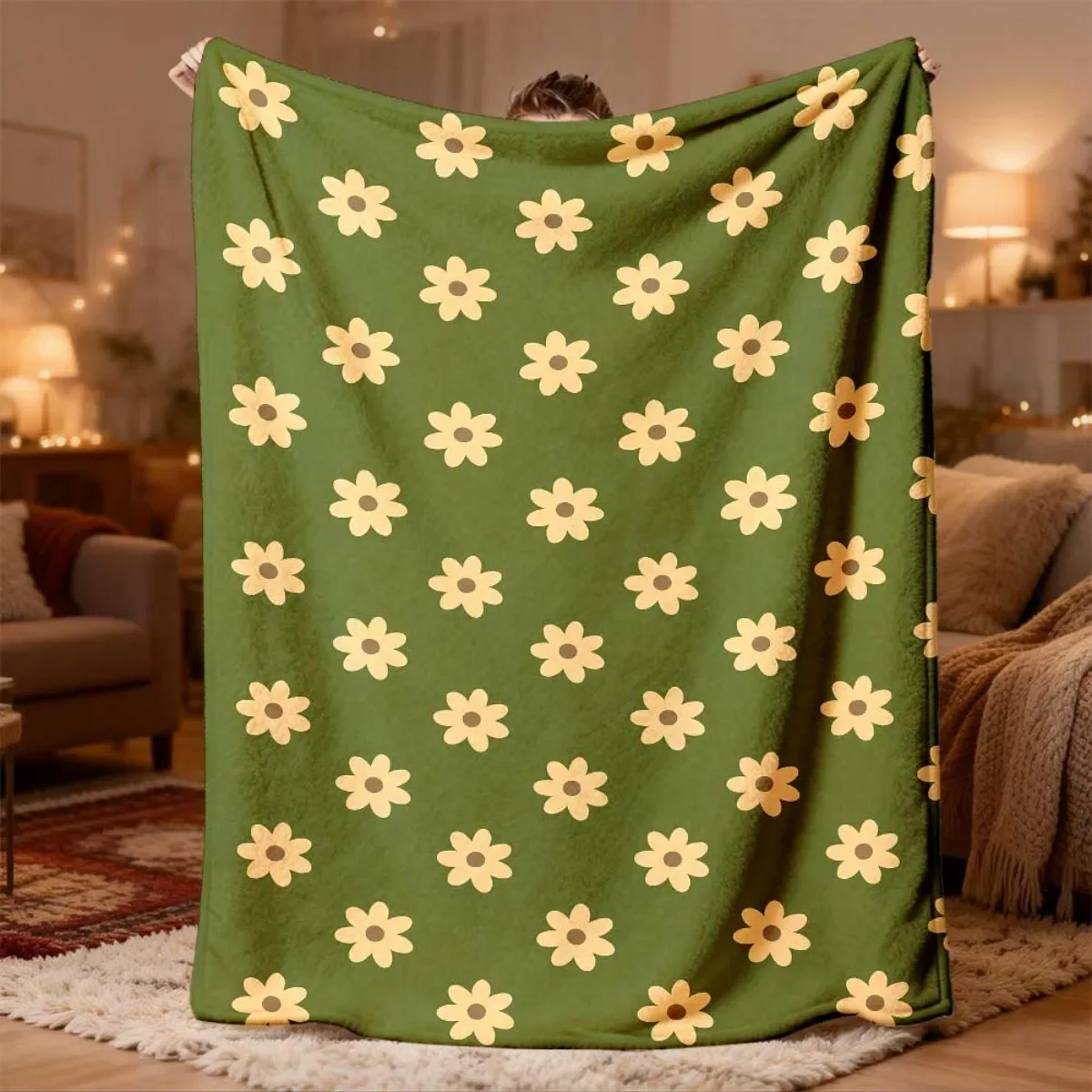 2026 New Collection Flannel Blanket 1pc Vintage Green Daisy Pattern Flannel Blanket UltraSoft, Warm, Machine Washable, AllSeason