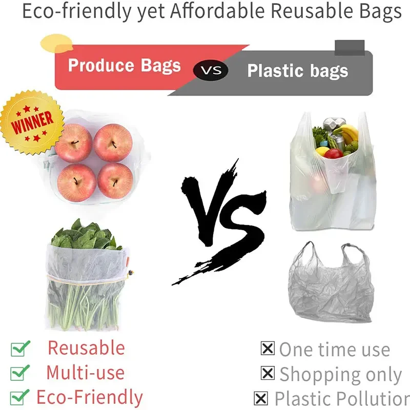 3Pcs Mesh Storage Bags Transparent Reusable Fruit Vegetable Bags Net Pocket Produce Washable Mesh Bags Kitchen Storage Baskets
