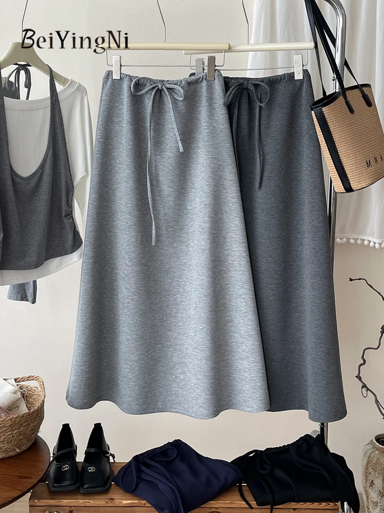 

Beiyingni 2025 New Style Women's A-line Skirts Solid Color Kpop Style Casual Slim Drawstring Long Skirt Woman Elegant Faldas