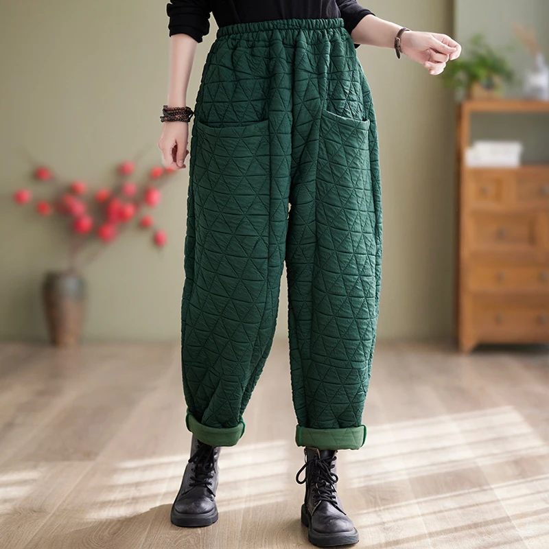 

Johnature Casual Elastic Waist Thicken Women Pants 2024 Autumn Winter New All Match Loose Pockets Warm Harem Women Pants