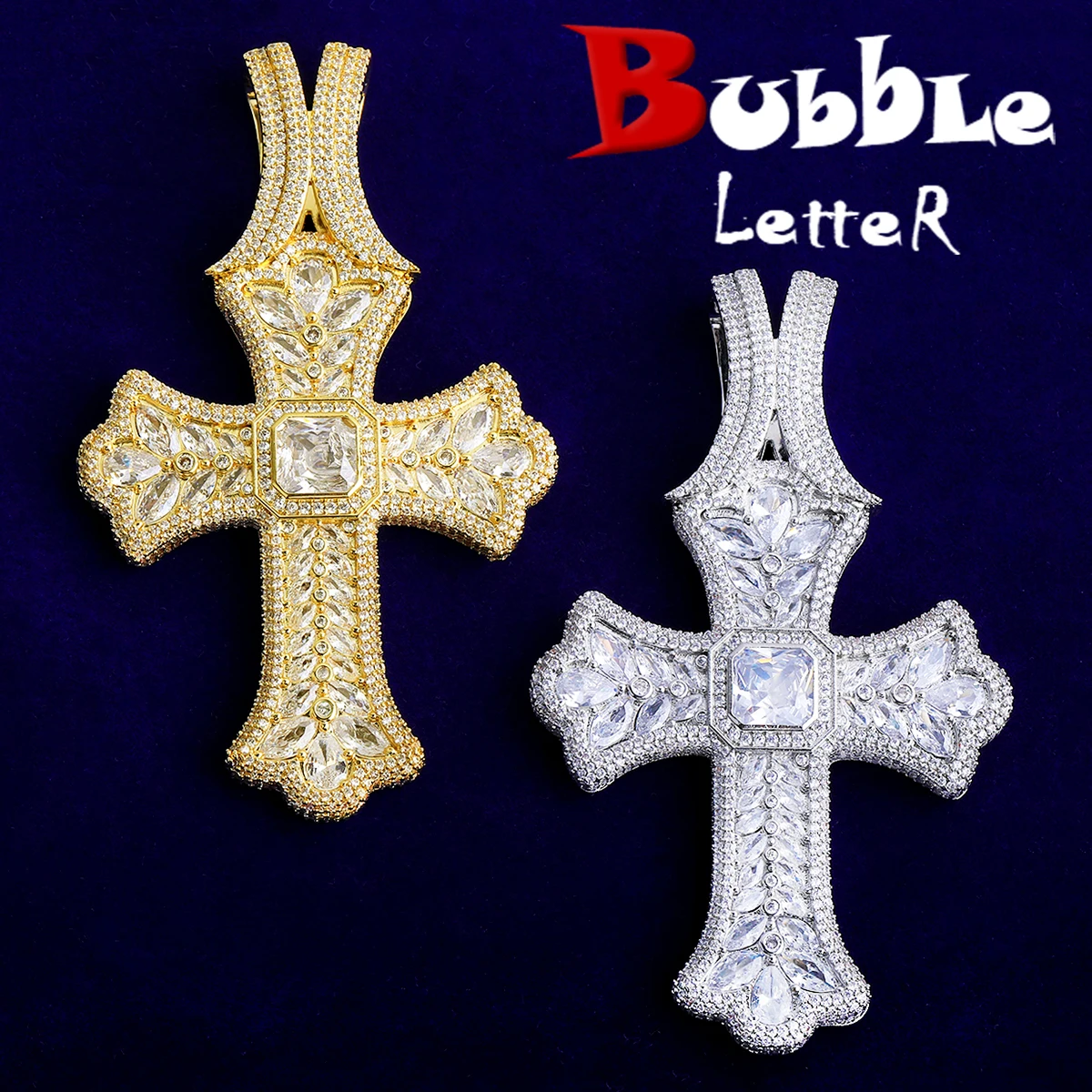 Bubble Letter Iced Out Cross Necklace Pendant for Men 5A Cubic Zirconia Gold Plated Hip Hop Jewelry