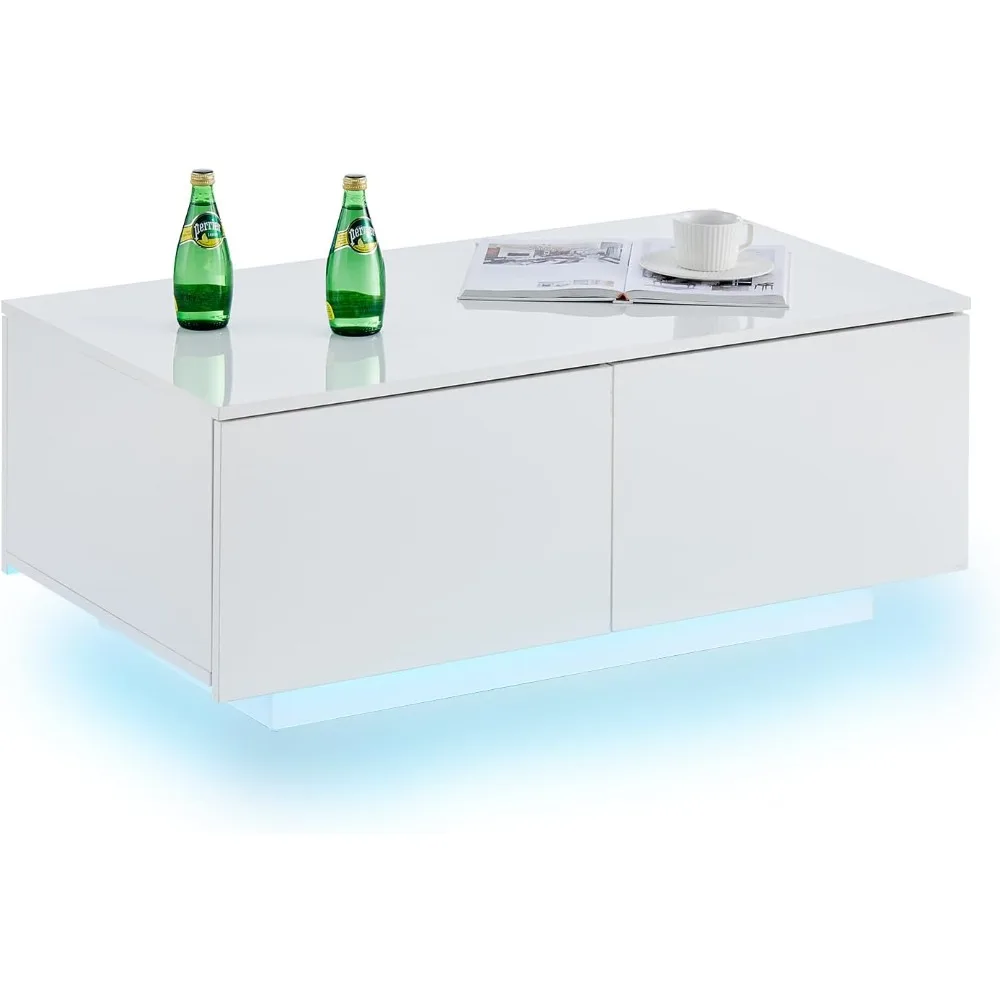Coffee Table with 4 Drawers, LED Lights & Power Strip Modern Minimalist Rectangle Coffee Table for Home Living Room Office (Whi