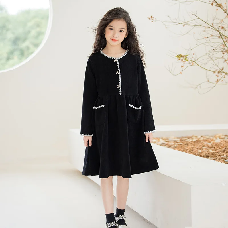 Girls' Chenille Dress Mid-Length Spring and Autumn Children's Princess Dress Big Kids Over-the-Knee Dress Stylish