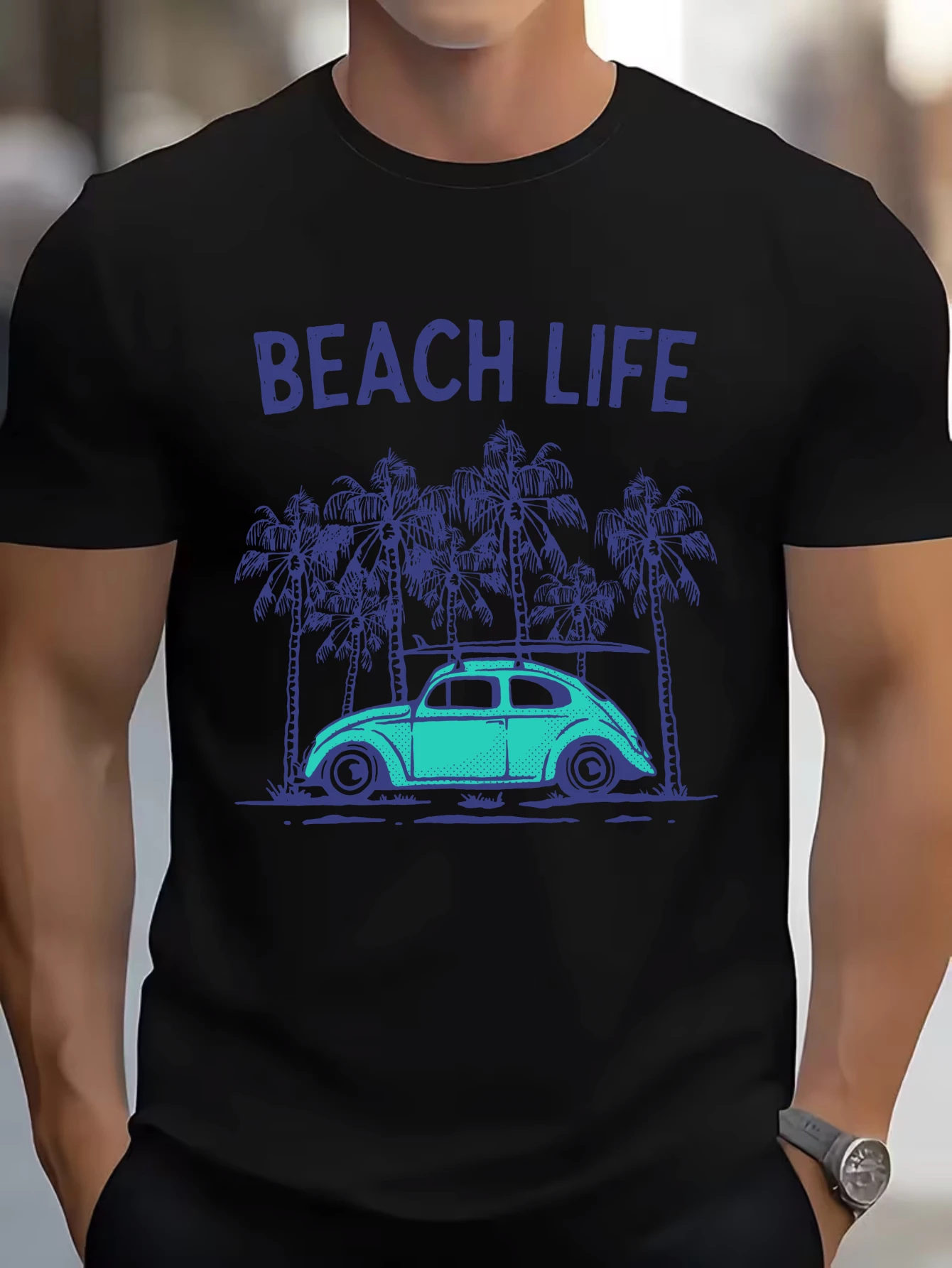 

Men's "Beach Life" Car Graphic T-Shirt Summer Retro Casual Streetwear Cotton Tops