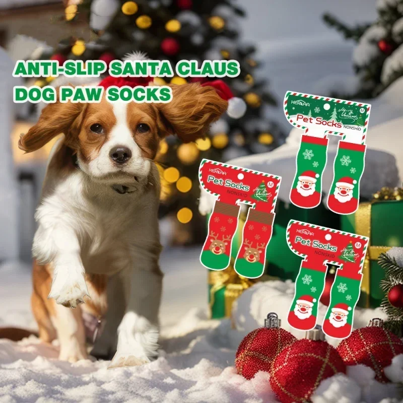 Christmas Dog Socks Anti-Slip Santa Claus Elk Dog Socks Soft Knitted Pet Paw Protector Puppy Doggy Large Dogs Indoor Wear