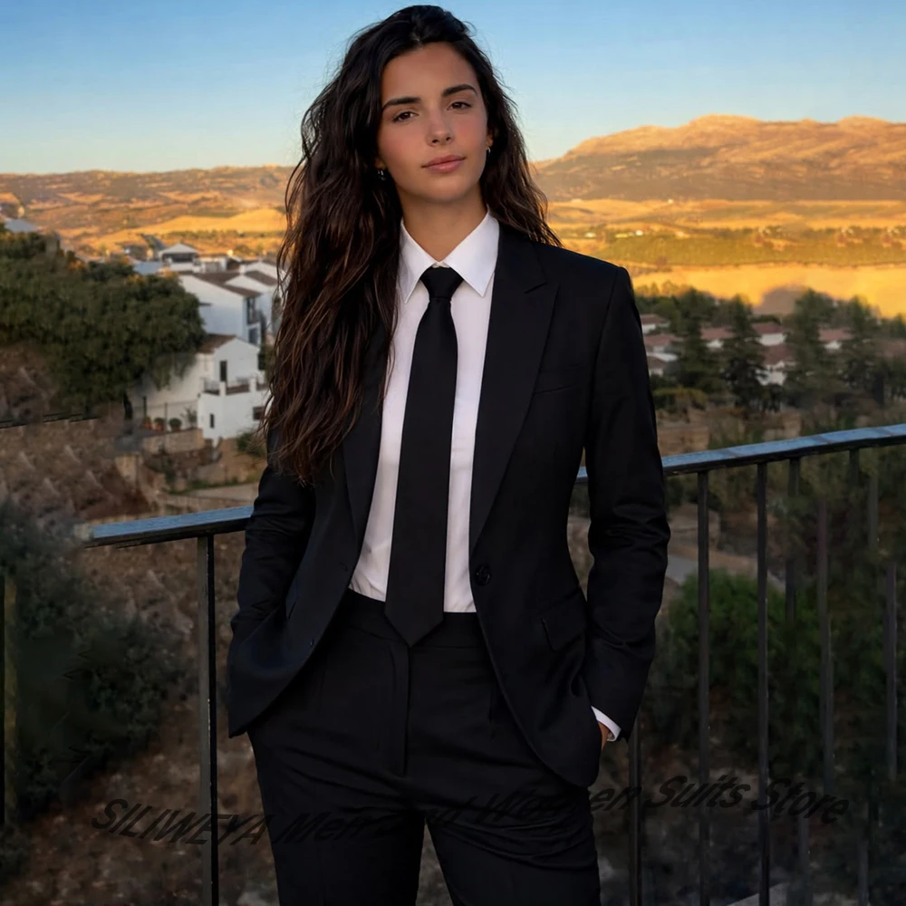 High Quality Solid Color Women's Suits Fashion Slim Fit Black Blazer Single Breasted Peak Lapel 2 Piece Jacket Pants