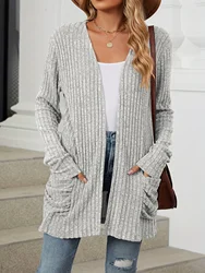 Plus Size Open Front Cardigan Casual Dual Pockets Long Sleeve Cardigan For Fall Women's Plus Size Clothing