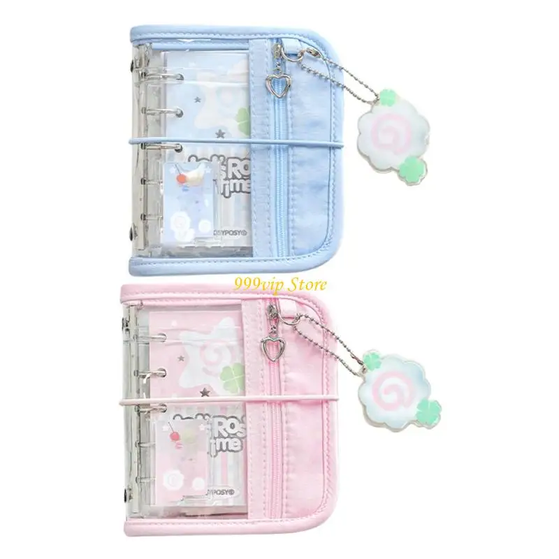 C90C Refillable 5 Holes Binder Notebook with Refill Paper 12.3x9.8CM PVC 5 Rings Binder Cover with Card Organizers Pocket