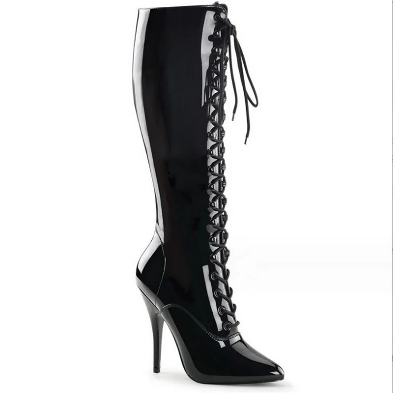 

FHC 13CM High Heels,Women Knee High Boots,Sexy Botas,Men Fetish Stage Pole Dancing Shoes.Pointed Toe,Front Laces,Custom Colors