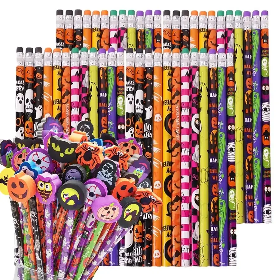 6-36pcs Halloween Decorative Pencils, Cartoon Pattern Wooden Writing Stationery or Trick‑or‑Treat Handouts, Students Drawing XJM