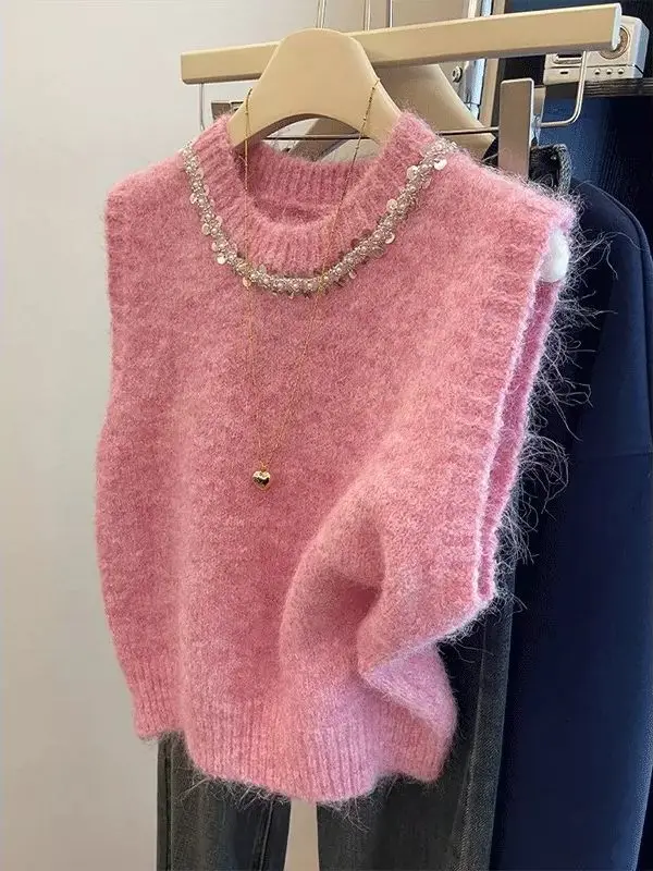 Large Size round Neck Glitter Sleeveless Knitted Sweater Vest Heavy Embroidery Autumn Women's New Style Casual Loose Fit Top