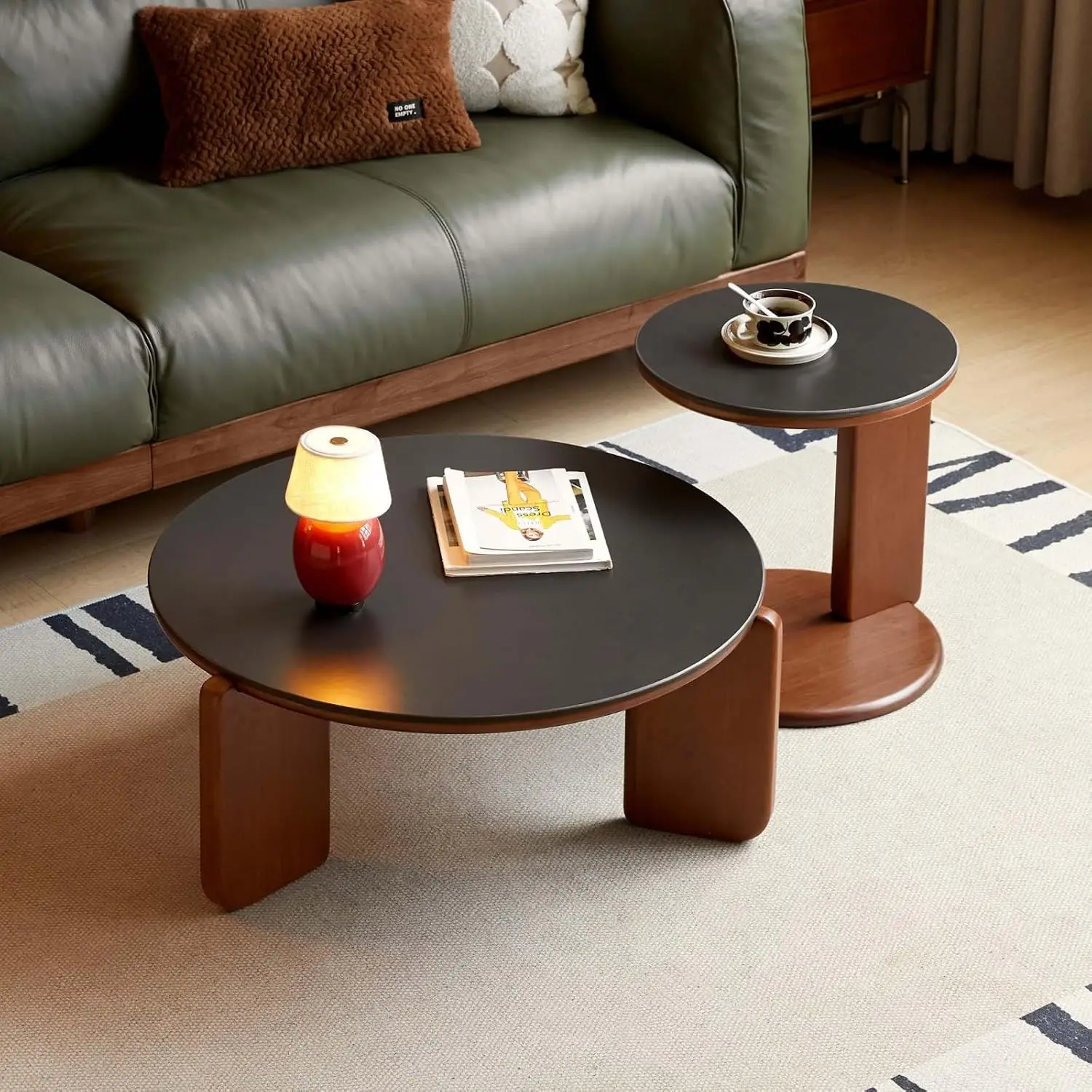 Round Coffee Table Set of 2, Wood Nesting Tables with Sintered Stone Top, Mid Century Morden Table,Small Coffee, Customized