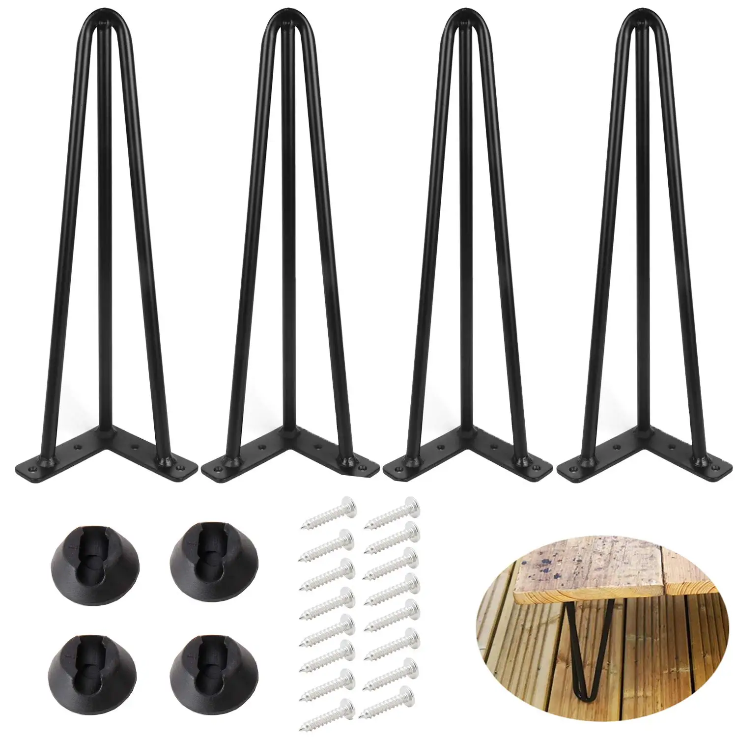 

4-Pack Black Metal Hairpin Legs 10 Inch Tall, 3-Rod Design, 1/2 Inch Diameter, With Screws And Floor Protectors For Tables,