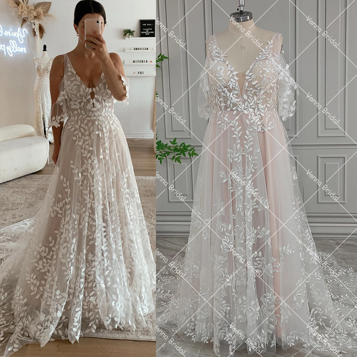 Removable Flutter Sleeves Leaf Embroidered Wedding Gowns Feminine Glitter Sequins Lace Backless V Neck Luxury Bridal Dress