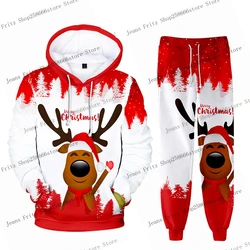 3D Print Hoodies Suit Christmas Santa Claus Man Woman Tracksuit Pants 2pcs Sets New Year Holiday Party Kids Pullover Hoodie