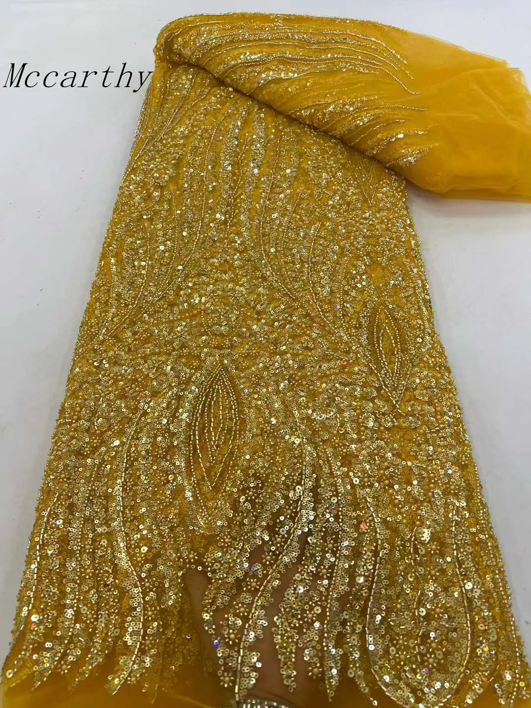 

Gold 5 Yards High-end Beaded Fabric Latest African Luxury Sequins Groom Embroidery Fabric French Tulle Lace For Sewing XC6834
