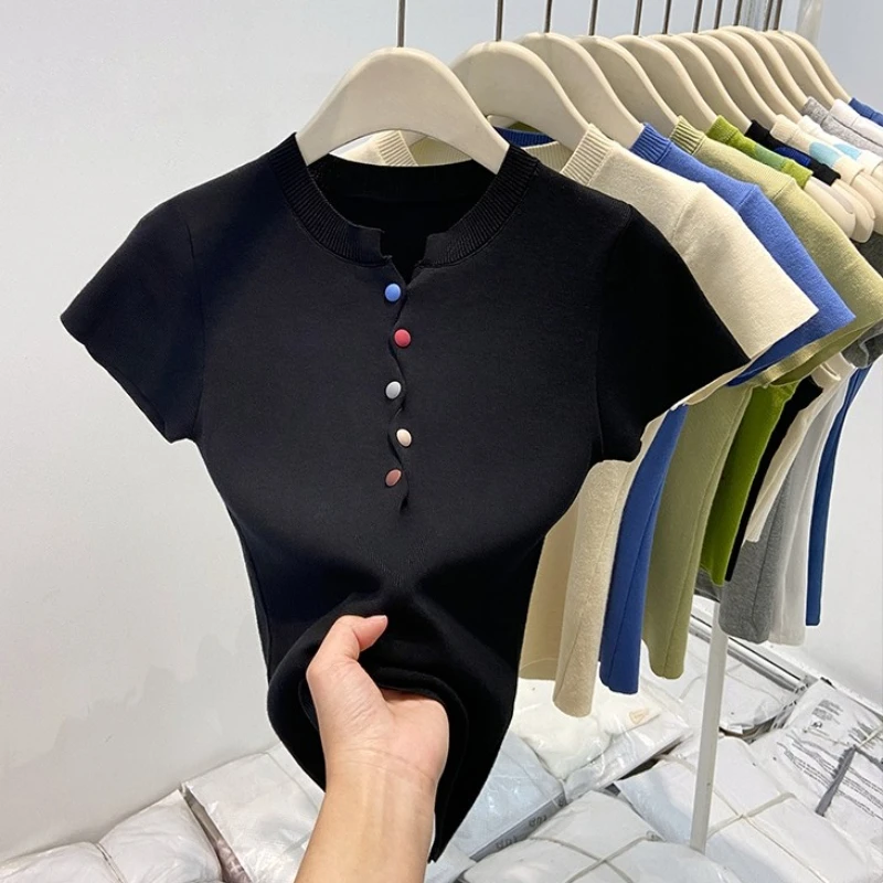

Women's Half Open Collar T-shirts Summer 2025 Multicolor Buttons Short Sleeve Knitting T-shirt Solid Color Slim Versatile Tops