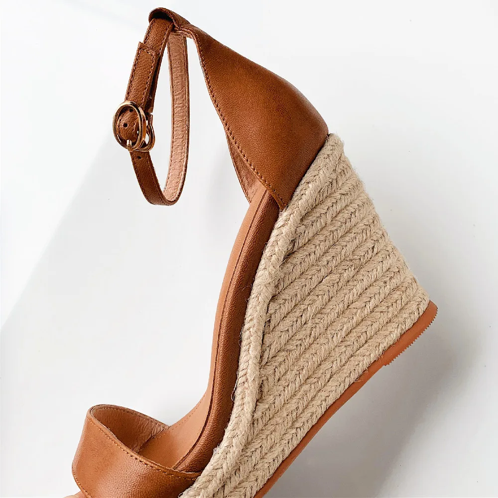 Women\'s sheepskin wedge platform high heel ankle strap sandals narrow band open toe elegant ladies slim dress pumps shoes women