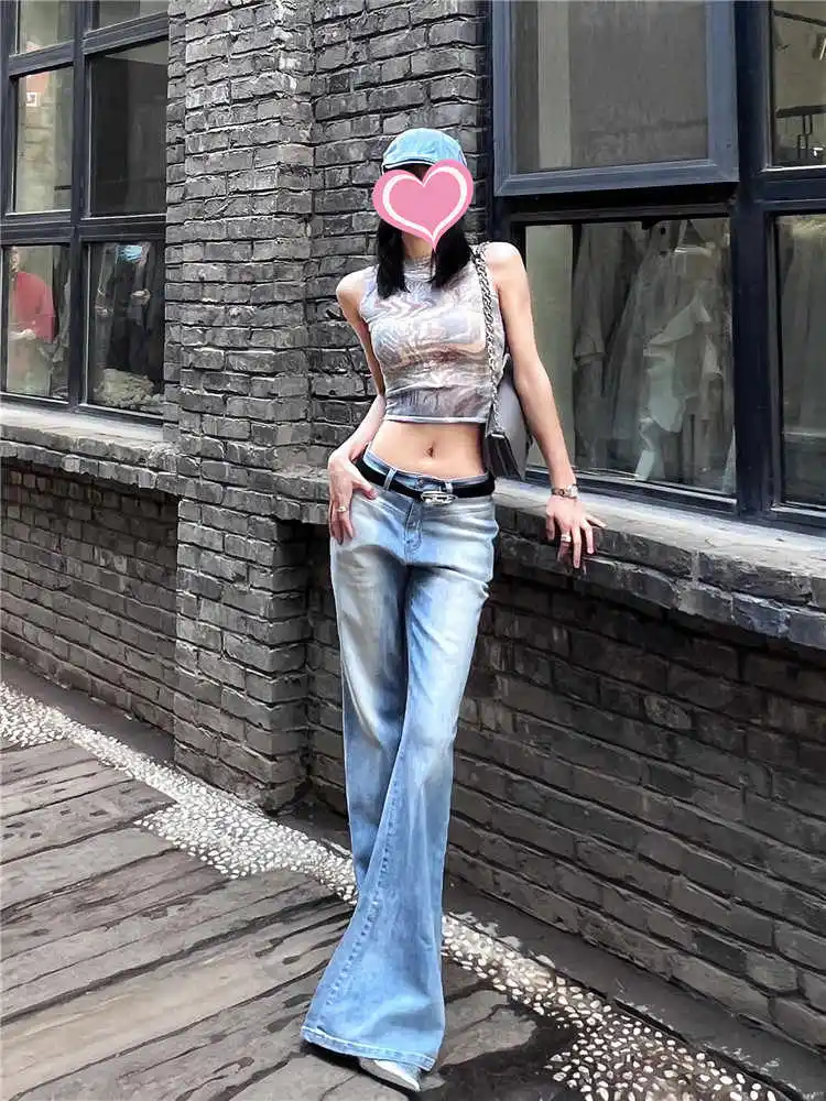 Jeans a vita bassa da donna Pantaloni in denim svasato American Retro Abi Coreano Y2k Jeans candeggina giapponese Bell Bottom Y2k Harajuku 2000s Nuovo