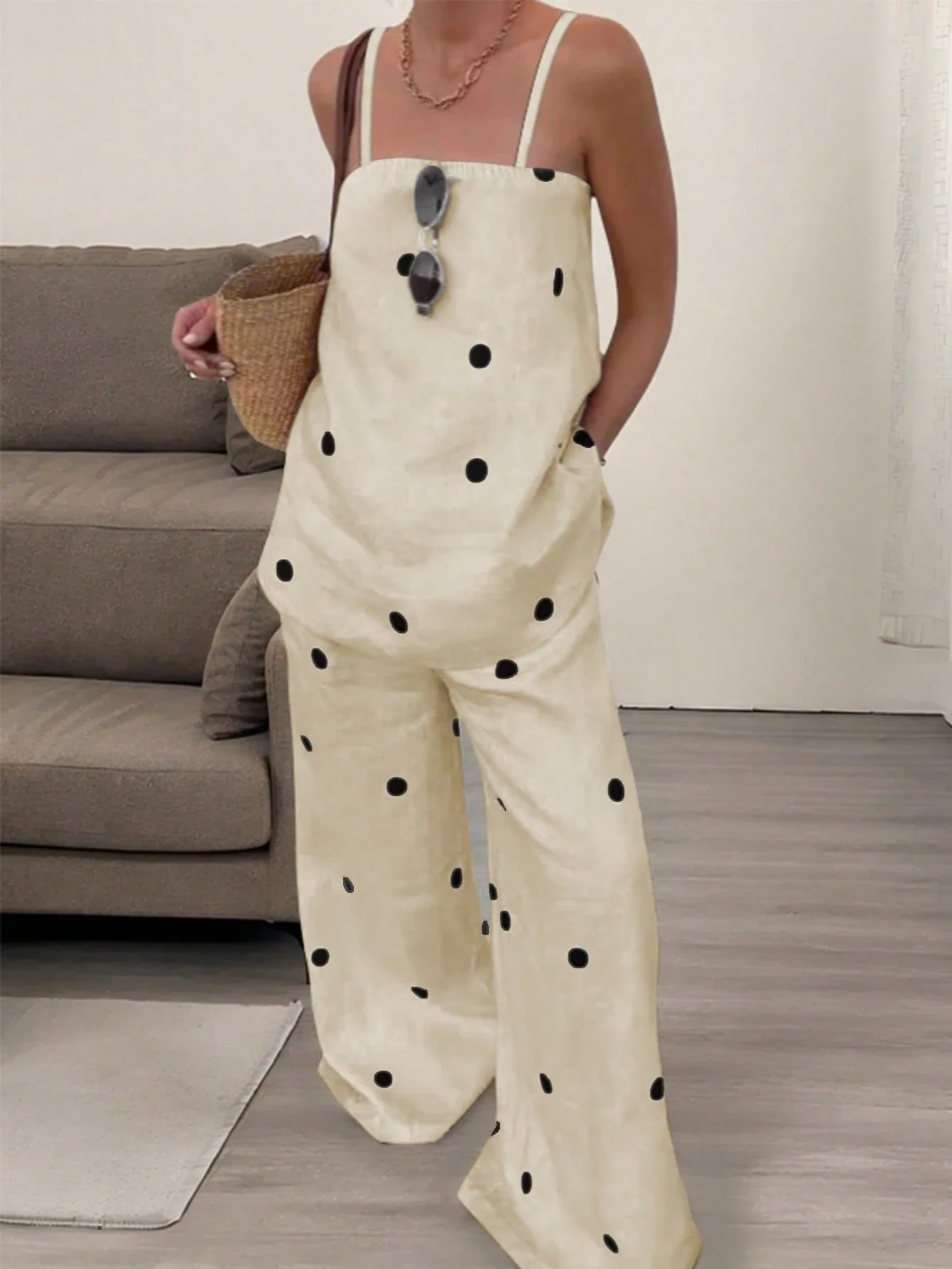 

Women's Polka Dot 2 Piece Set Casual Wide Leg Pants And Camisole Spring Summer