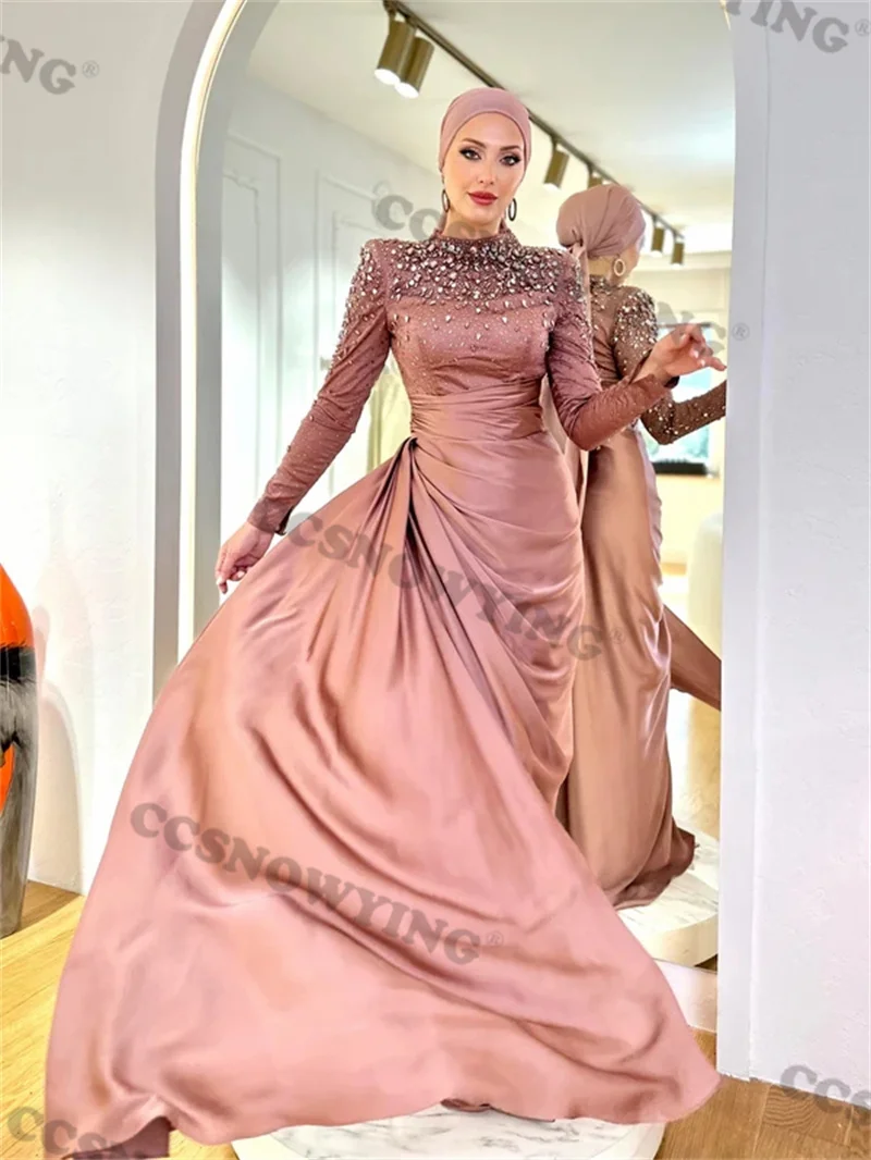 Appliques Beaded Muslim Evening Dresses Satin Long Sleeve Hijab Prom Formal Party Gown Arabic Dubai Women A Line Robes De Soirée