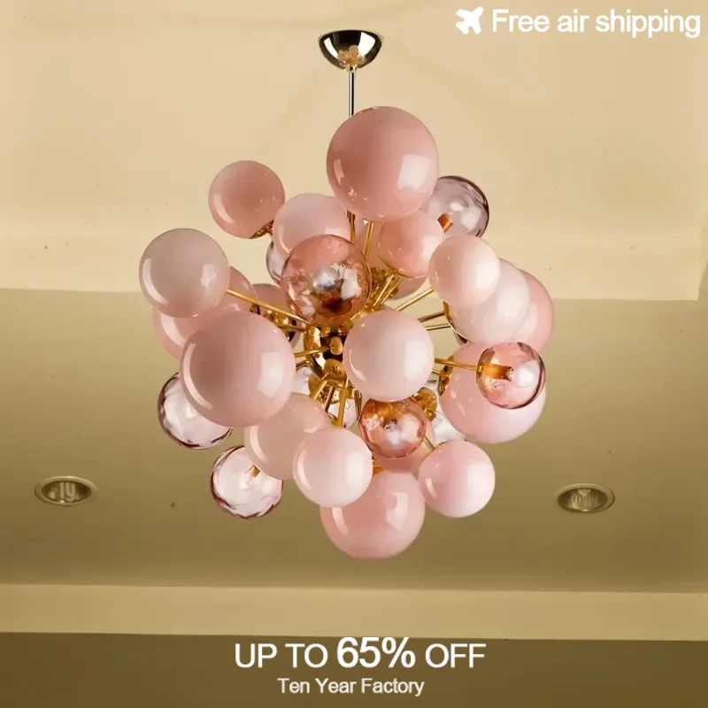 

Modern Art Deco Pink Glass Bubbles Chandelier Hanging Pendant Light for Living Room and Lobby Decorative LED Ceiling Lamp with R