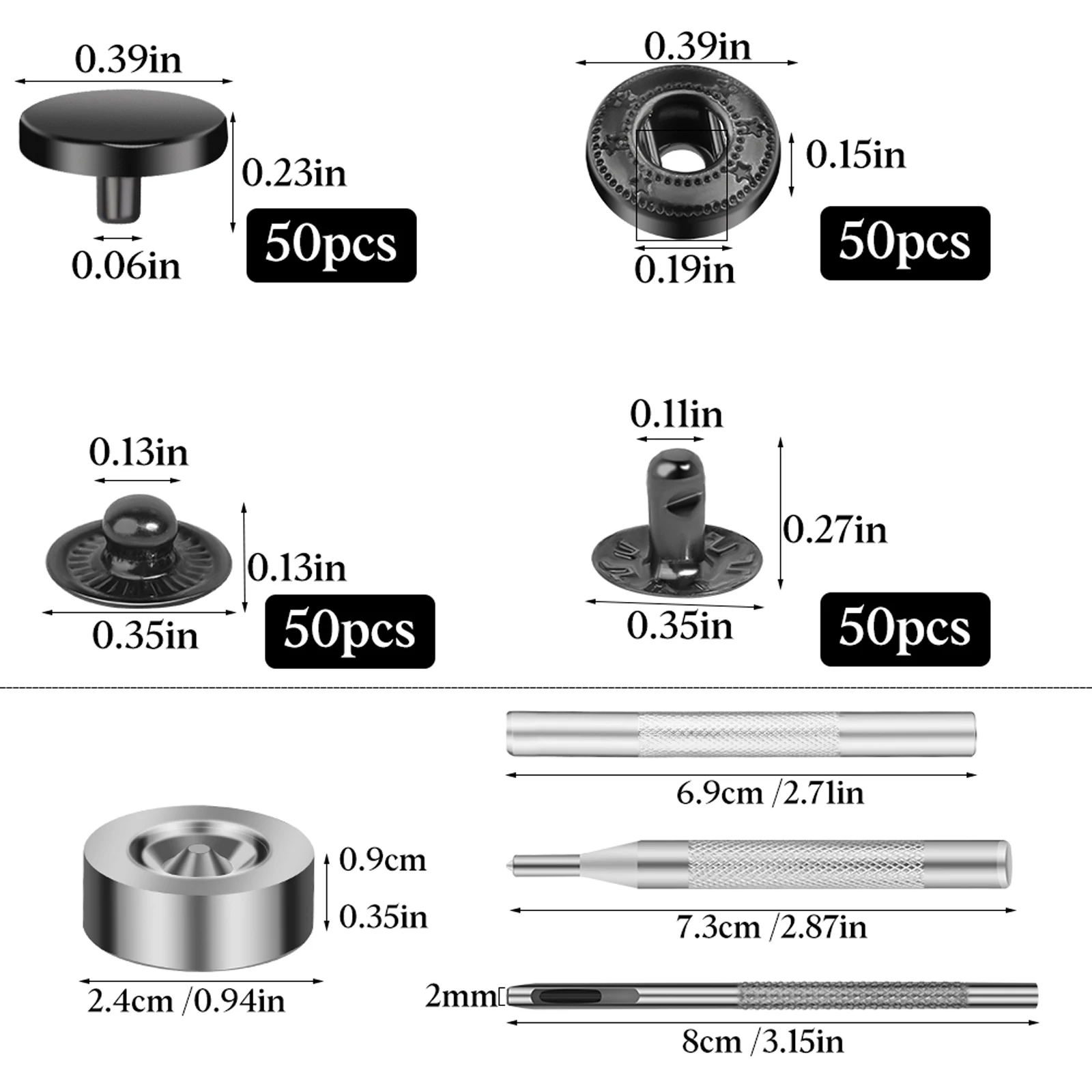 For Sewing50 Sets Leather Snap Fasteners Kit Metal Snap Buttons Kit Stainless Steel with 4pcs Snap Fastener Installation Tools