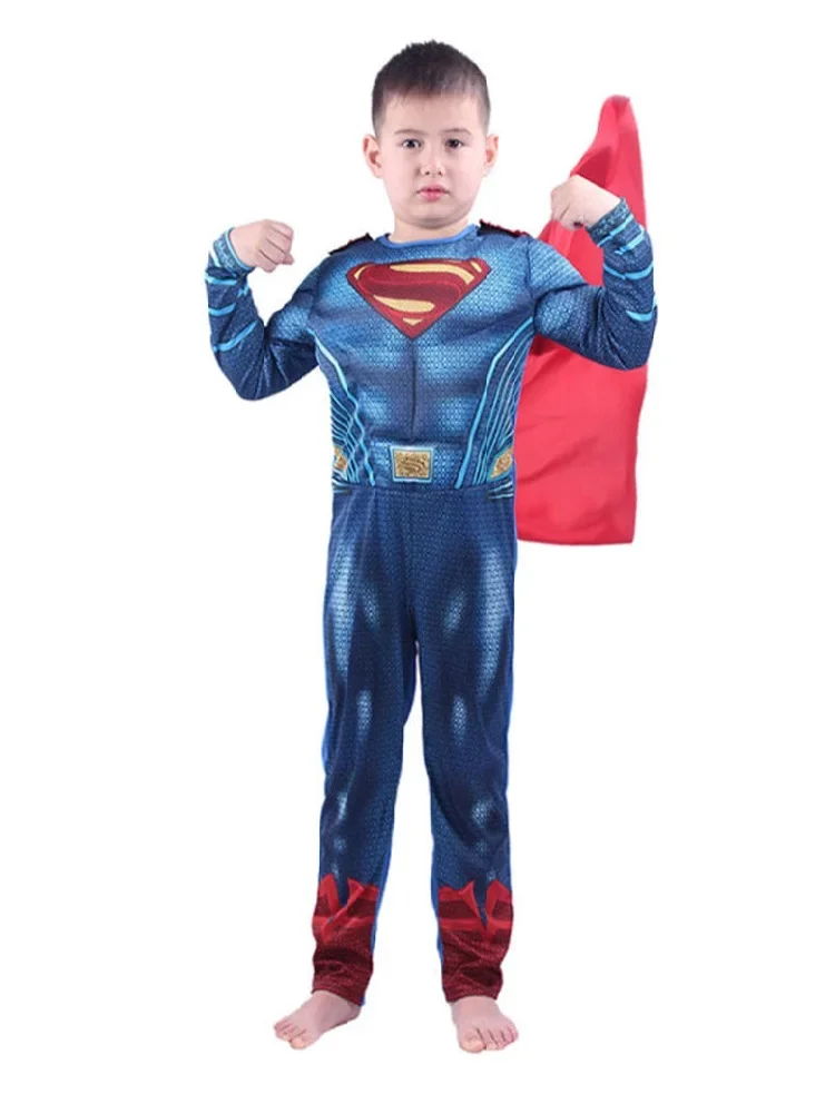 Hot Sale Movie Boys Captain Super hero Cosplay Blue Muscle Jumpsuit Costume with Cloak Halloween for Kid Man 2025