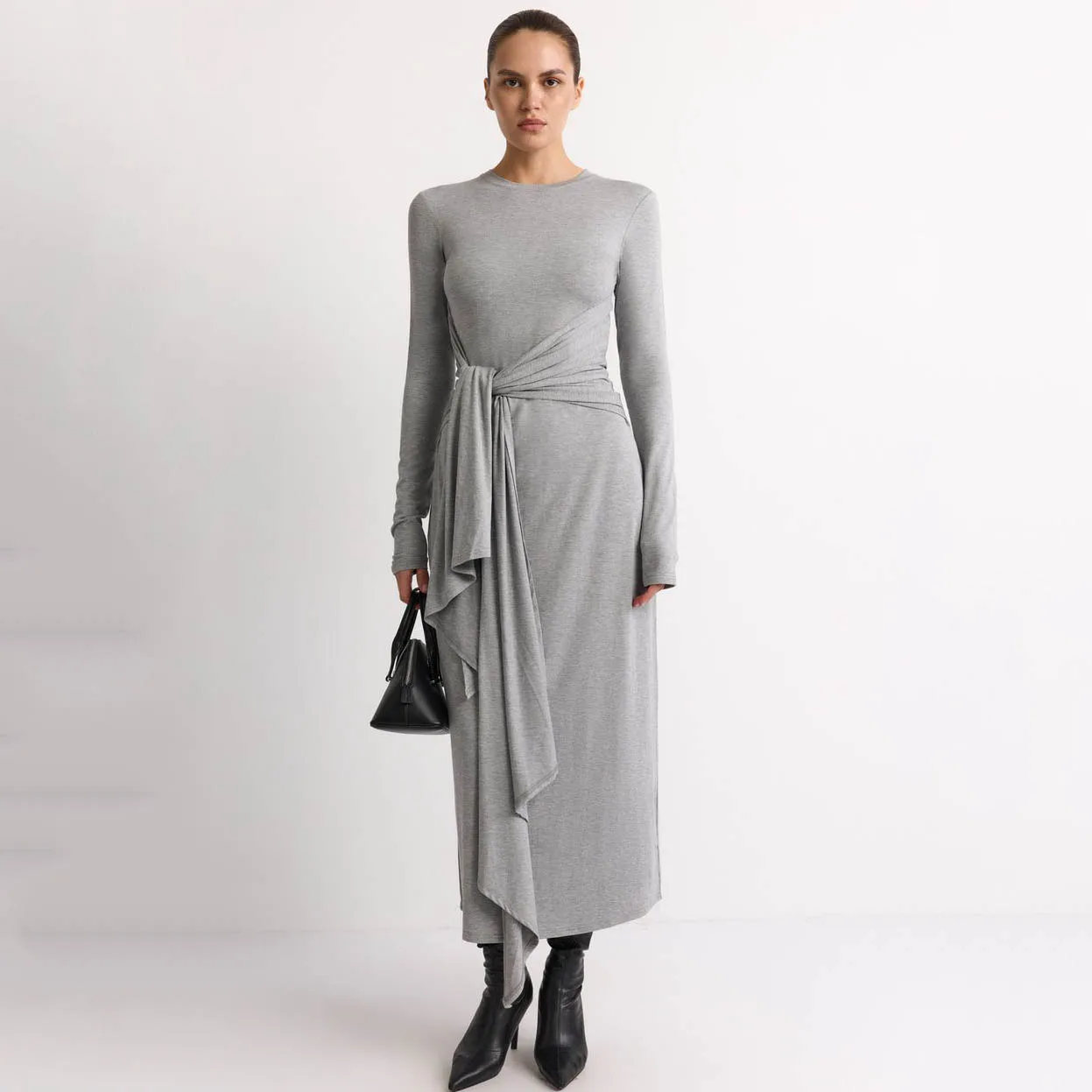 RU Ladies Crew Neck Wrap Tie Waist Midi Dress Long Sleeve Draped Asymmetrical Hem Dress Fashion Daily Party Wear