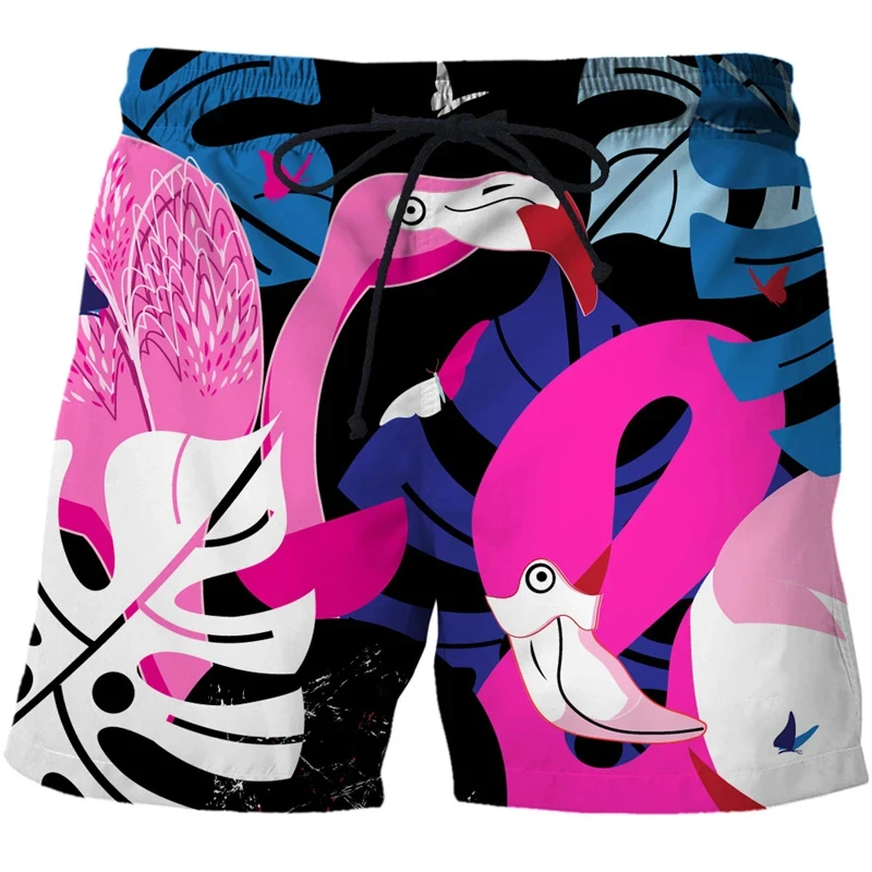 Flamingo Havaiano Masculino 3D Impresso Shorts de Praia, Engraçado Gráfico Animal Calças Curtas, Casual Bermudas Masculinas