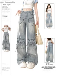 American Retro Cargo Pants Oversized Fashion Baggy Wide Leg 2024 Spring Summer Women Y2K Grunge Streetwear Style Denim Trouser