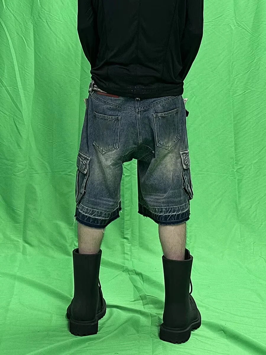 REDDACHIC الرجال جيوب كبيرة شعيرات واسعة الدنيم السراويل تفعل الثقوب المتوترة القديمة ديكور الركبة طويلة السراويل البضائع غير رسمية خمر الشارع الشهير