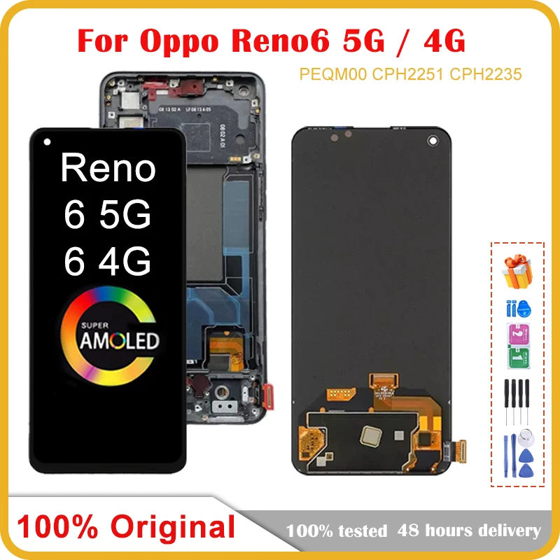 

6.43" Original OLED For OPPO Reno6 Reno 6 5G PEQM00 CPH2251 LCD Display Touch Screen Digitizer For Reno 6 4G CPH2235 LCD Display