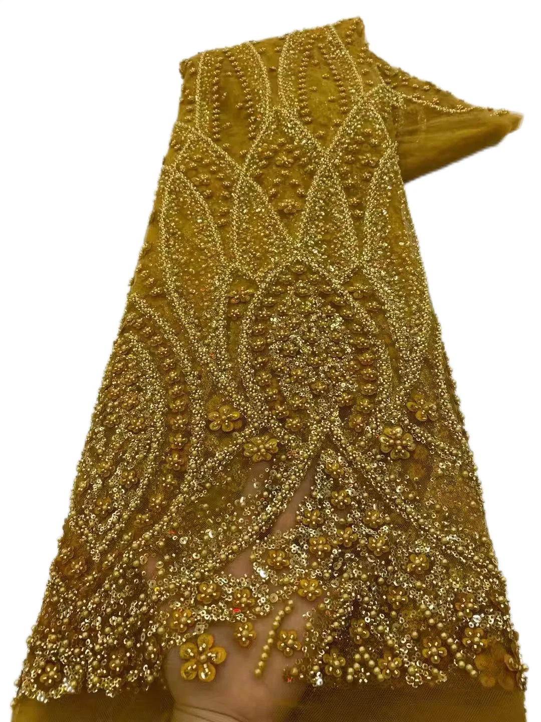 Beaded Sequin Lace Fabric Nigerian Lace Fabric High Quality Lace Gold Embroidered Fabric For Sewing Women's Evening Dress