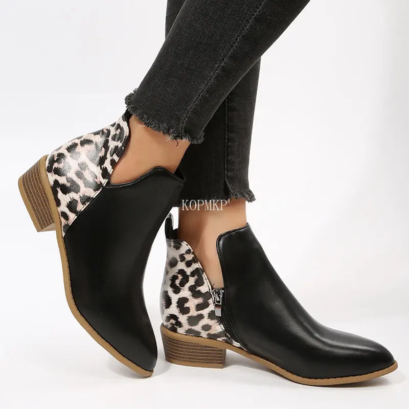 Autumn Winter Black Leopard print Women Ankle Boot Shoes for Women Short Boots Woman Waterproof Leather Ankle Wedge Casual Shoes